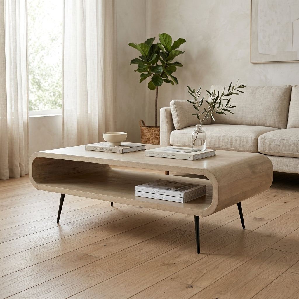 A light natural wood coffee table with a curved silhouette, open lower shelf, and black metal legs, styled in a bright, modern living room next to a beige sofa.