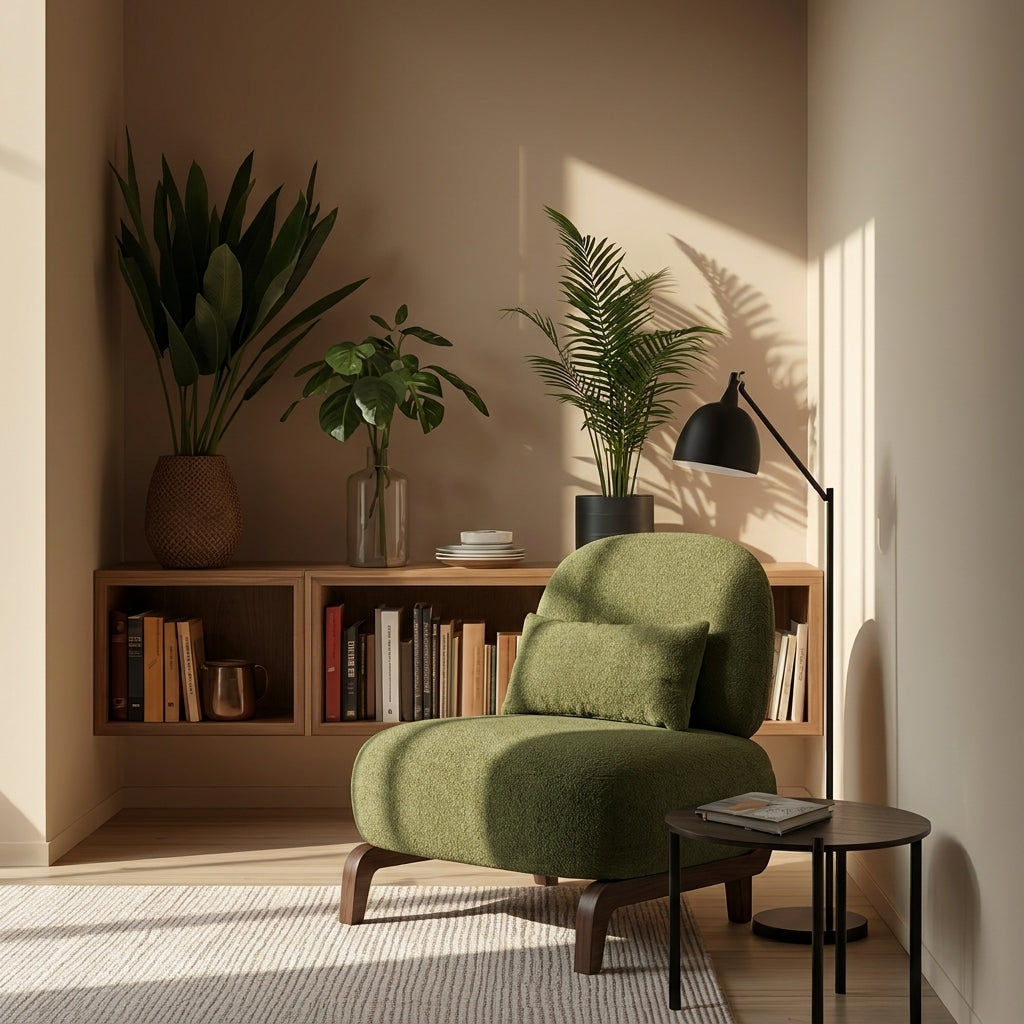 A modern olive green upholstered armchair with a matching cushion in a styled room corner, featuring a wooden bookshelf with books and potted plants, a black floor lamp, and warm sunlight streaming across the wall.