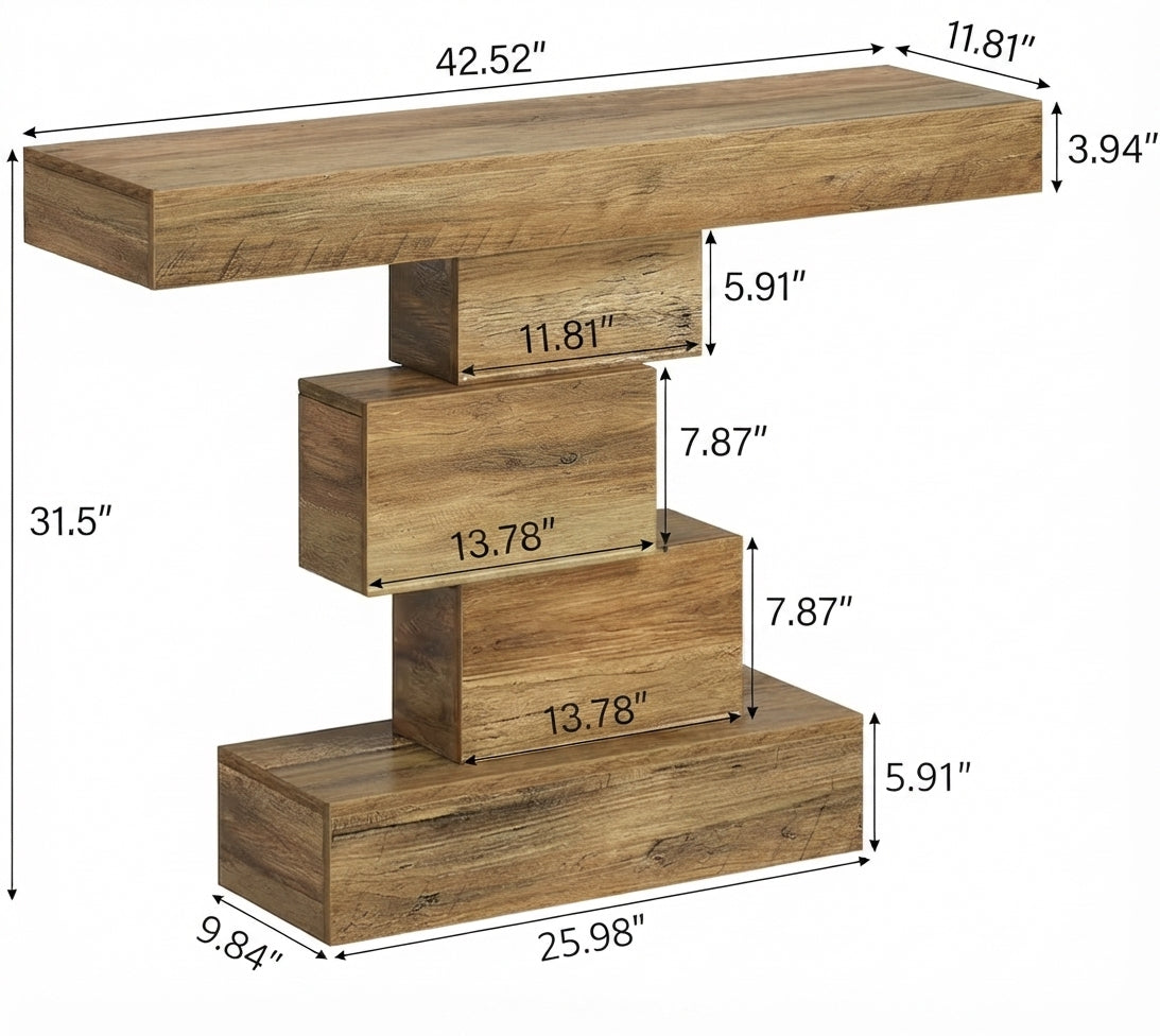 A wooden T-shaped side table with dimension labels and measurements shown on a white background.