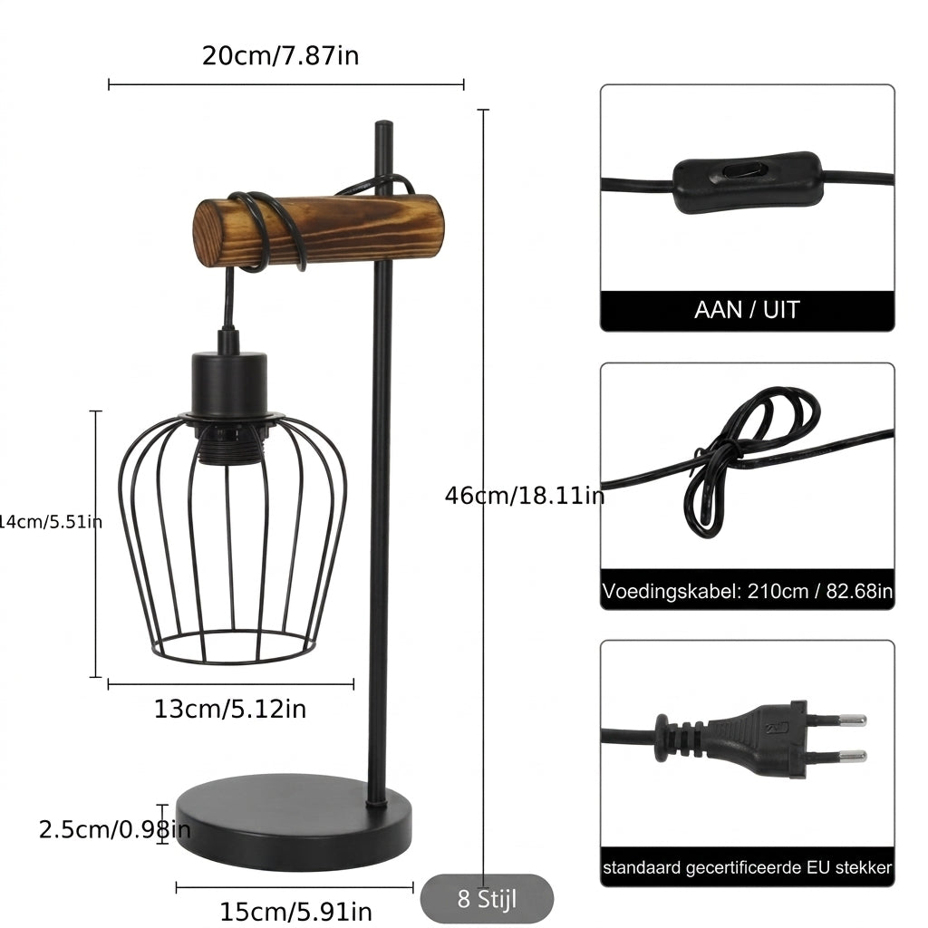 Black metal birdcage table lamp with a wooden accent rod and round base, shown with dimension callouts and inset close-ups of the switch, cord, and EU plug on a white background.