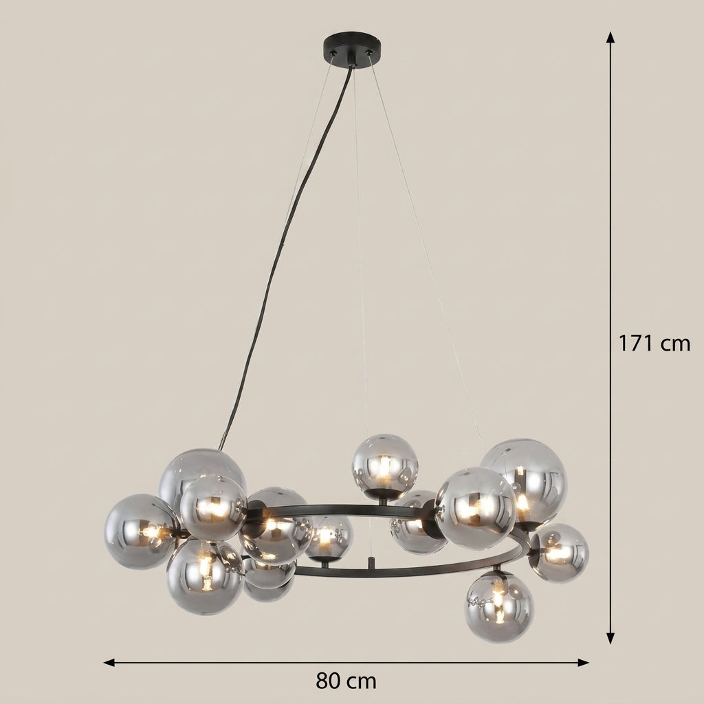 Modern chandelier with multiple reflective glass globes on a black ring, shown with dimension markers indicating 171 cm height and 80 cm width on a plain beige background.