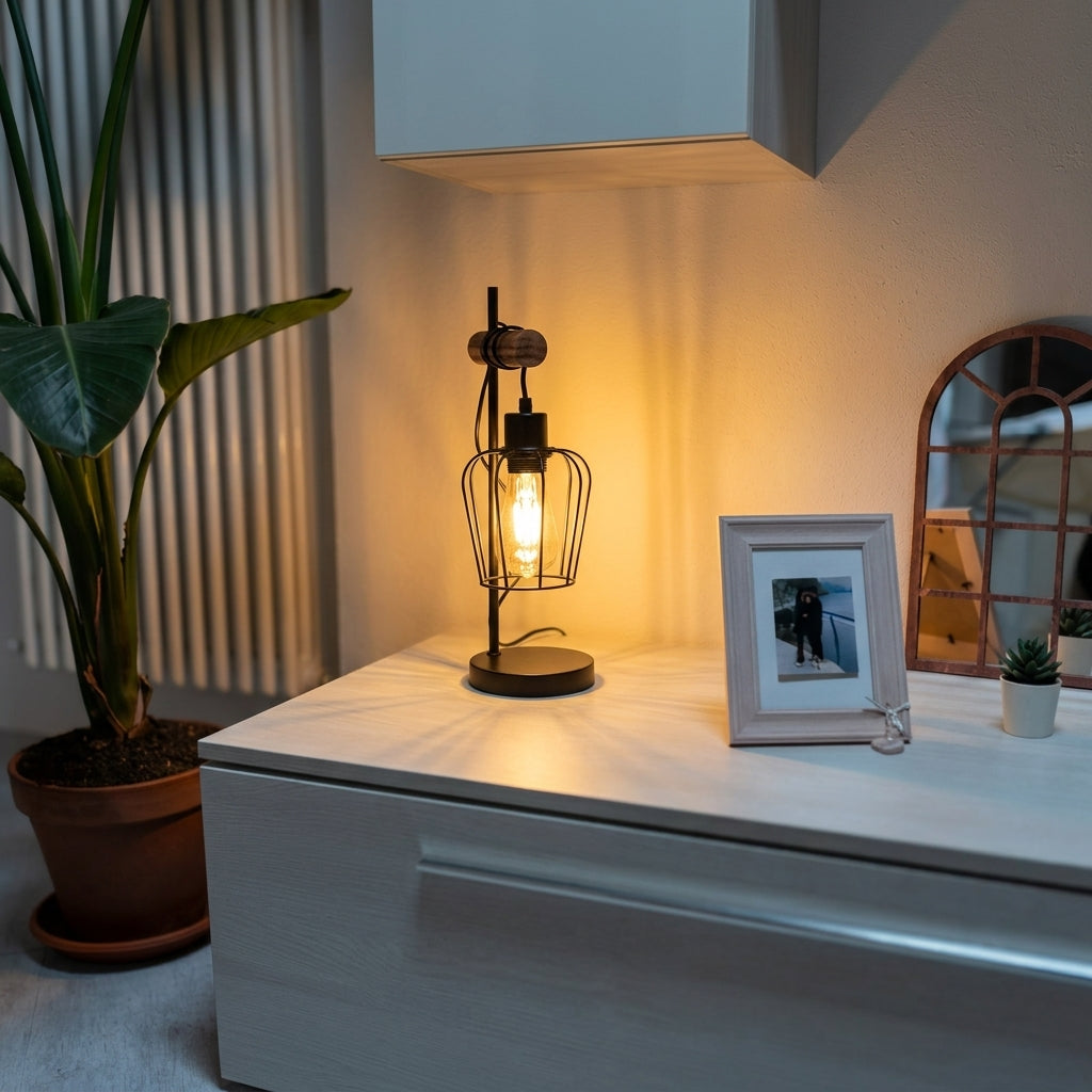 A warm Edison-style table lamp with a black metal cage and wooden top, placed on a white cabinet in a modern room setting next to a potted plant.