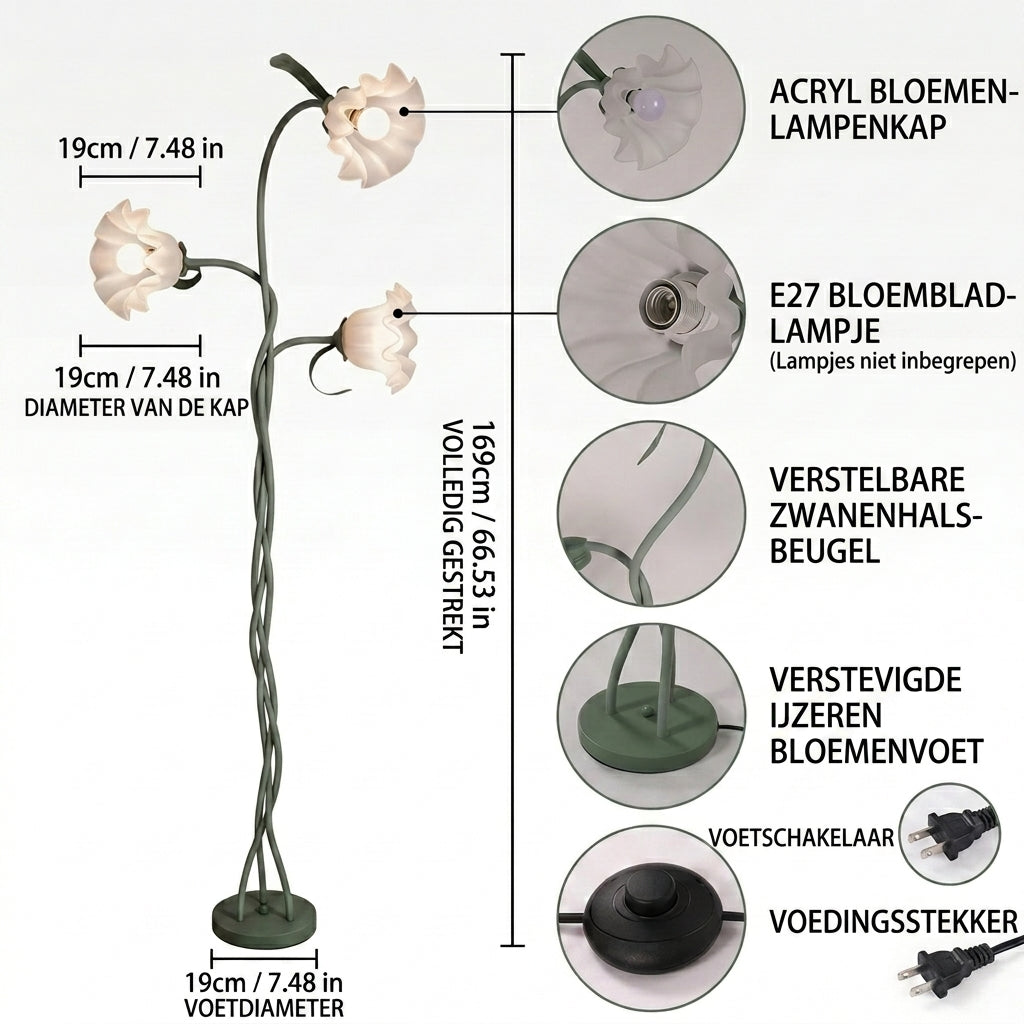 A product information diagram for a flower-shaped floor lamp with dimensions and close-up callouts on a white background. The lamp has a twisted dark green metal stand with three cream-colored flower-shaped shades and a round base.
