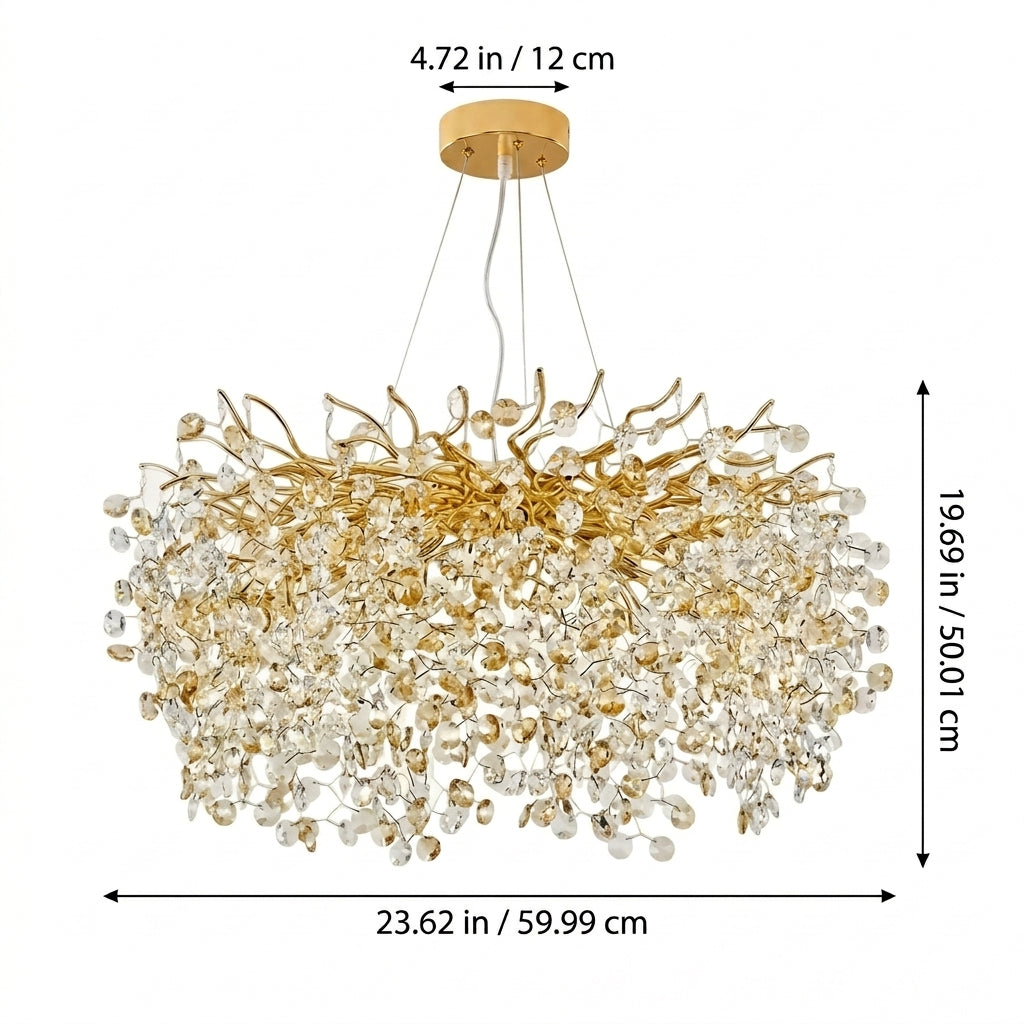 Gold branch-shaped crystal chandelier with dimension markings showing 4.72 in / 12 cm ceiling canopy width, 19.