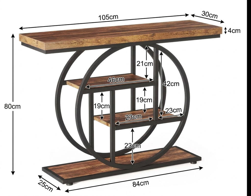 Industrial-style console table with a rectangular wood top, three open wooden shelves, and a lower base shelf, shown with overlaid dimension measurements on a white background.