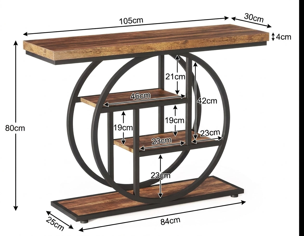 Industrial-style console table with a rectangular wood top, three open wooden shelves, and a lower base shelf, shown with overlaid dimension measurements on a white background.