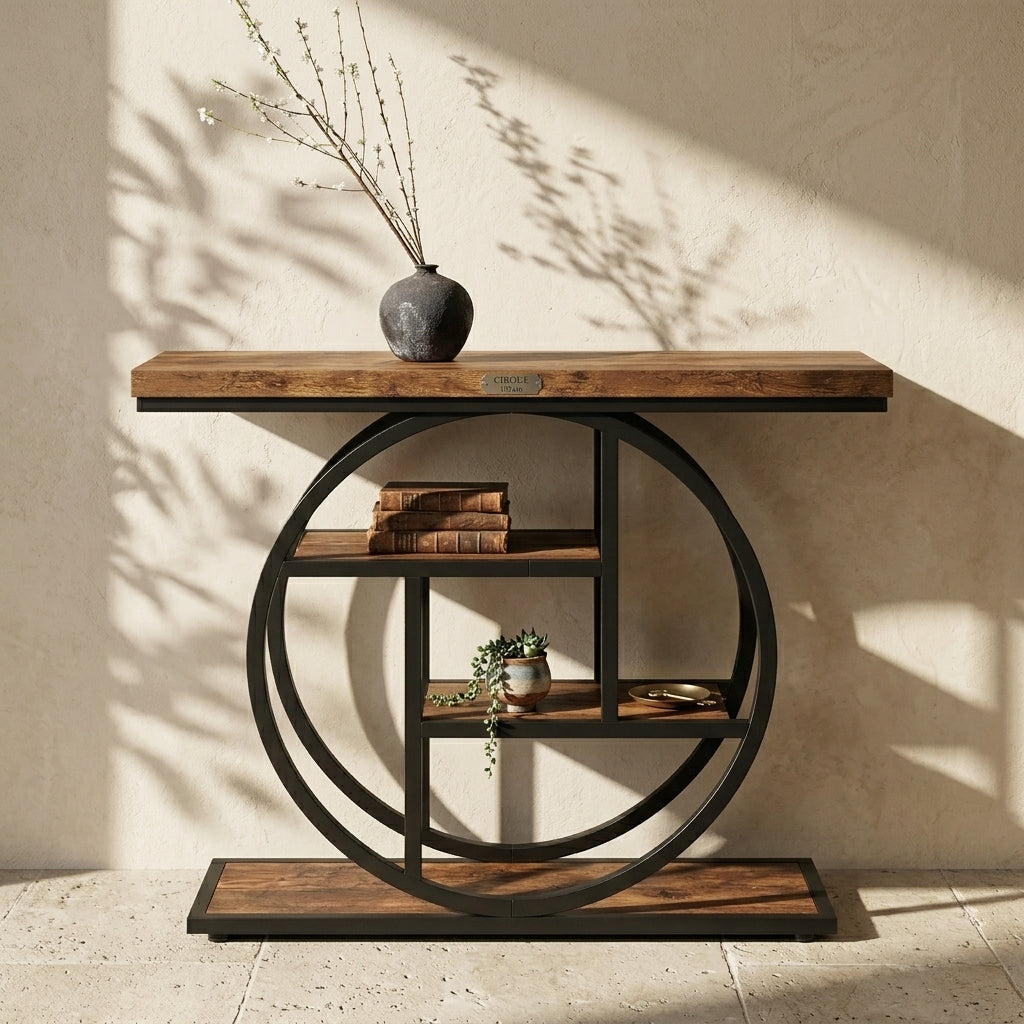 Industrial console table with a rustic wood top and base, supported by a large circular black metal frame with two open shelves, styled with a dark vase, books, and a small plant against a textured beige wall with leaf shadows.