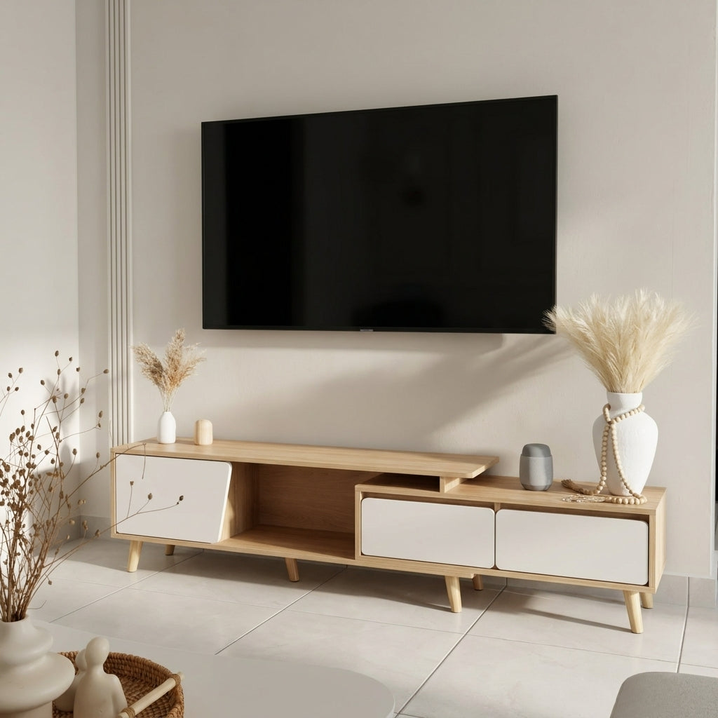 A modern light wood and white TV stand/media console in a styled living room setting, with a black flat-screen TV mounted on the wall above it. The console features open shelving, two white-front drawers on the right, and a light wood frame with tapered legs.