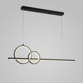 Modern linear LED pendant light with two interlocking circular ring elements, suspended from a rectangular ceiling mount against a light gray background.