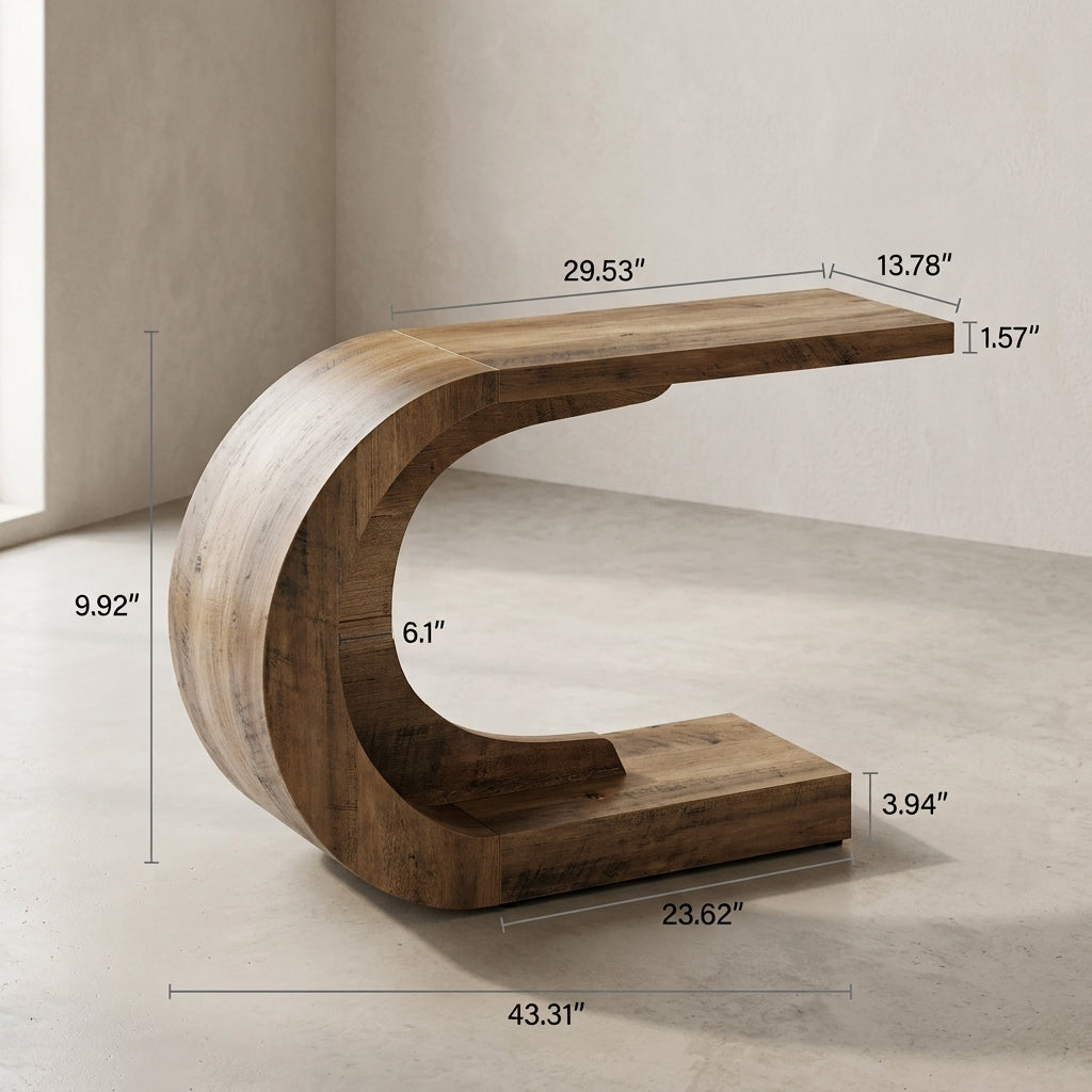 A curved wooden console table with dimension labels overlaid, showing measurements in inches against a neutral beige interior background.