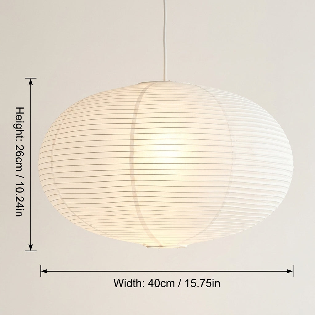 A white ribbed paper lantern pendant light with dimension markings showing a height of 26cm (10.24in) and a width of 40cm (15.