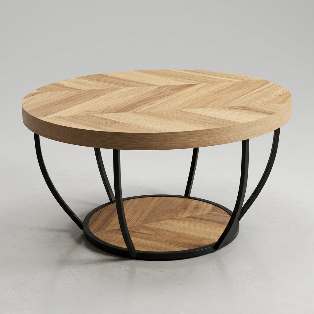 Round coffee table with a light natural wood herringbone-patterned top and base, supported by a black metal frame with curved legs.