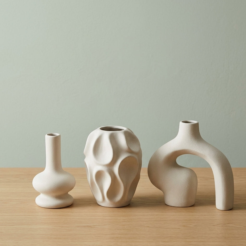 Three minimalist ceramic vases in a warm off-white matte finish, arranged on a light wood tabletop against a soft sage green wall.