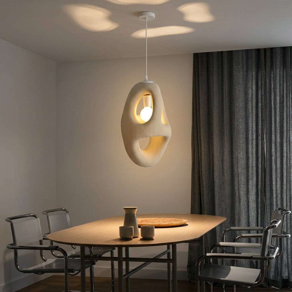 An abstract, organic-shaped pendant light in a warm cream color hangs over a wooden dining table in a modern dining room with gray chairs and dark curtains.