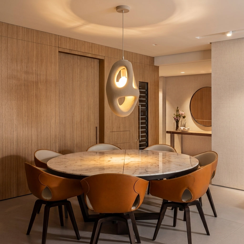 A modern dining room featuring a round marble-top dining table surrounded by six contemporary orange-brown leather chairs with dark wood legs. A sculptural, abstract white pendant light hangs over the table.
