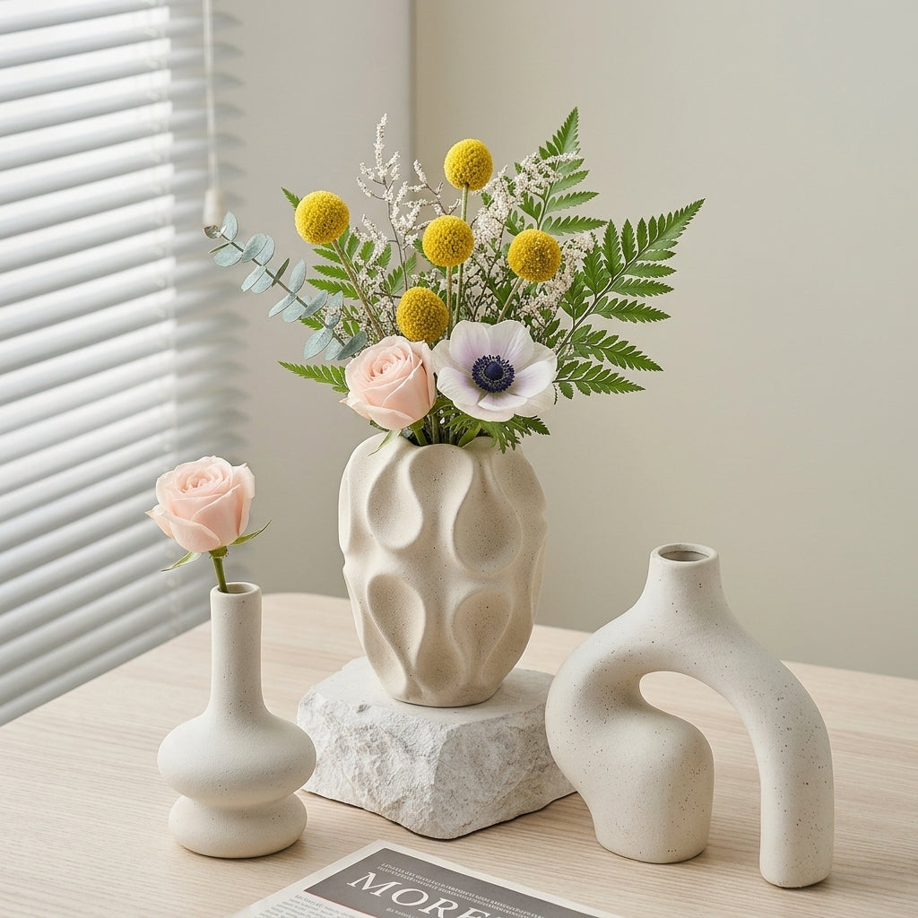 A styled interior scene showing a sculptural beige ceramic vase filled with a floral arrangement of pink roses, yellow pom-pom flowers, white filler blooms, and green foliage, placed on a light wood table beside two additional matte ceramic vases.