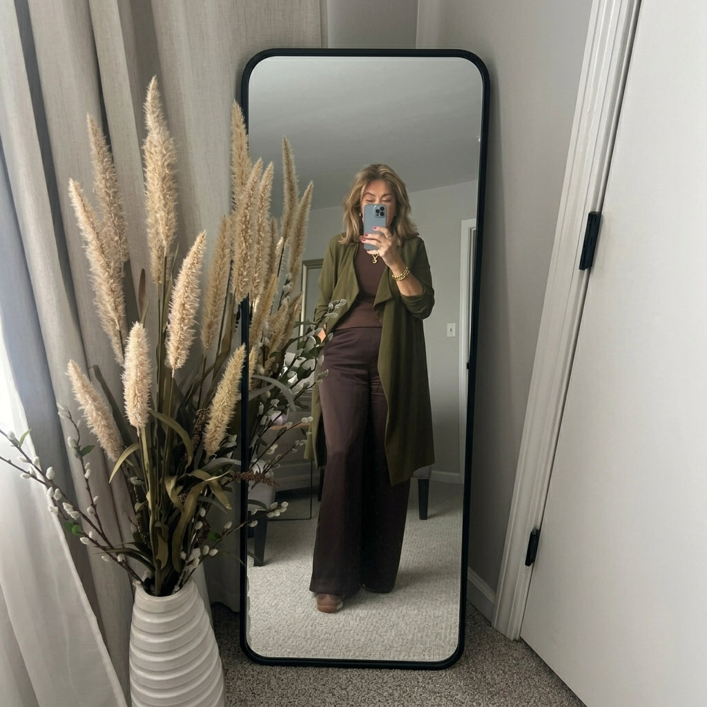 A woman takes a mirror selfie in a room, wearing an olive green open-front cardigan over a brown top and wide-leg brown pants. A tall black-framed floor mirror stands in the center, with a white vase of dried pampas grass to the left.