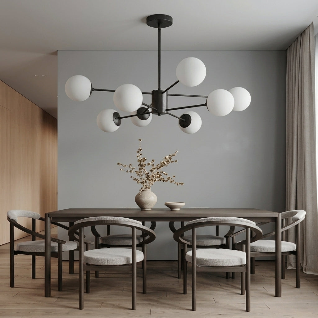 Modern dining room scene with a black multi-arm chandelier featuring white spherical globes hanging above a dark wood dining table and six upholstered chairs against a gray wall.