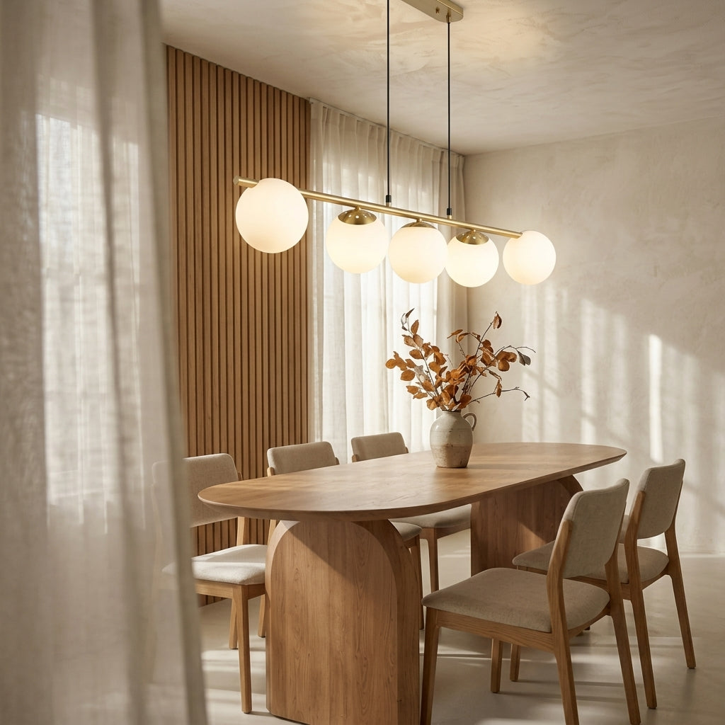 A modern dining room scene with a light wood oval table, six upholstered chairs, a brass bar pendant light with five white globe shades, sheer curtains, and a vase with dried branches on the table.