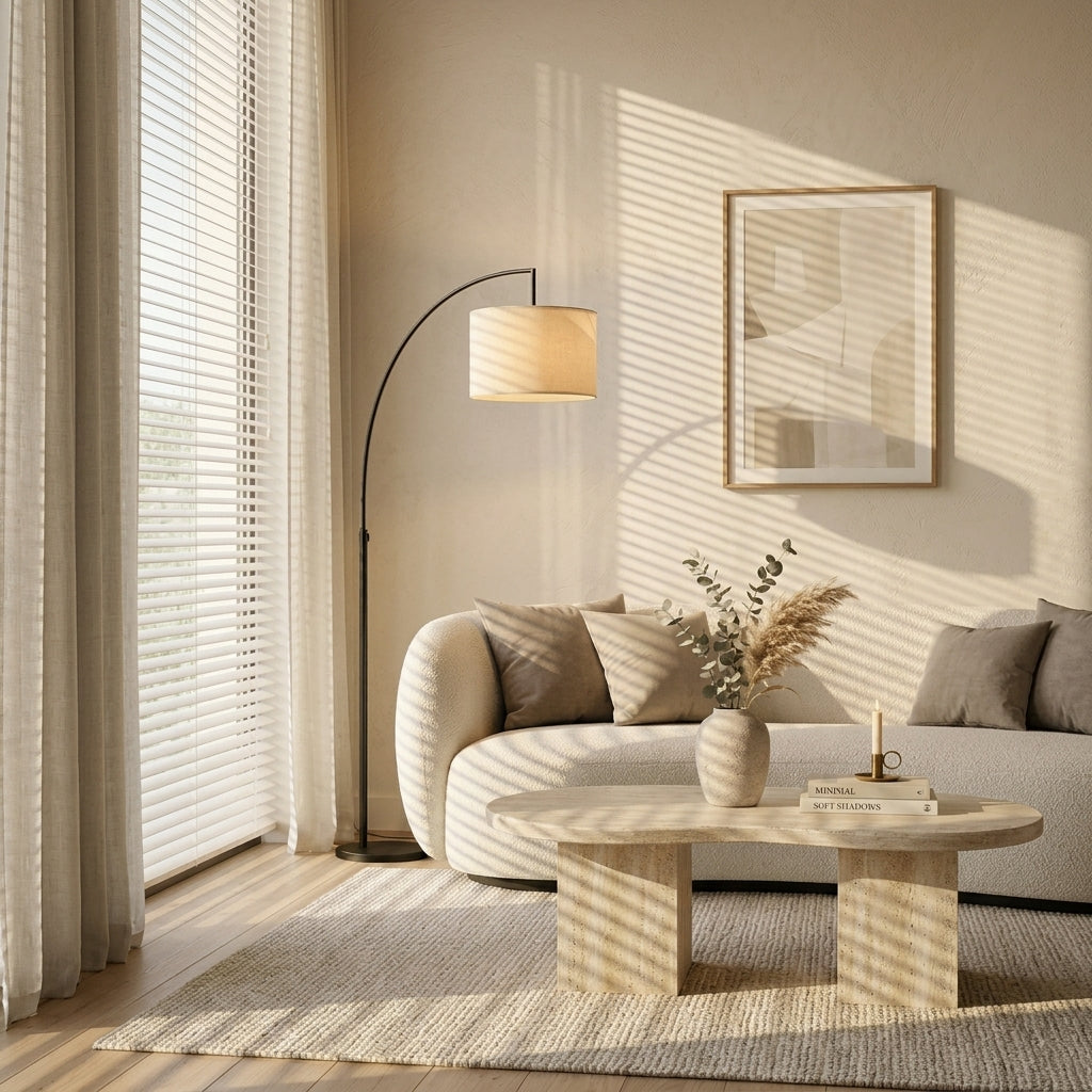 A modern living room scene with a curved floor lamp beside a cream sofa, a round wooden coffee table, a vase with dried stems, and warm sunlight casting striped shadows across the wall and floor.