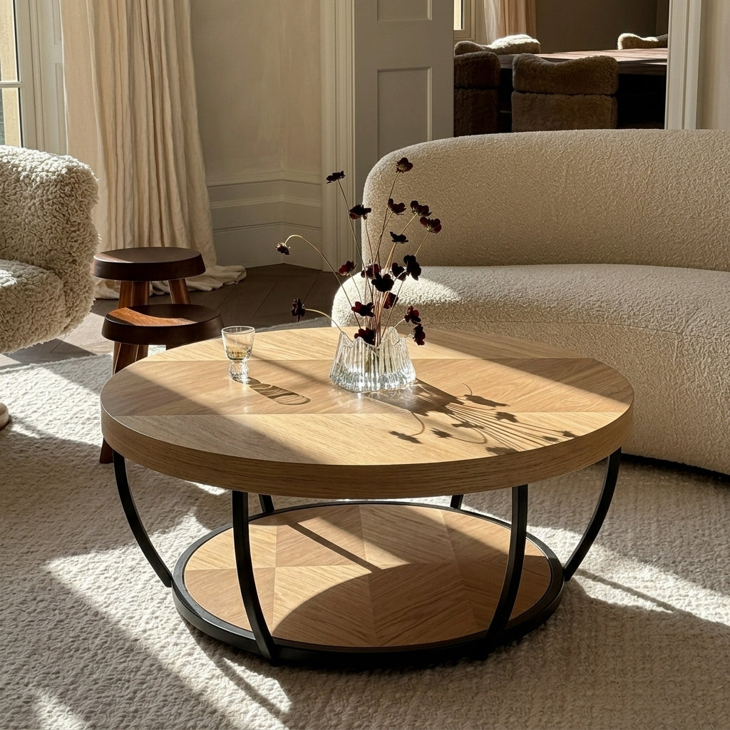 A round wooden coffee table with a black metal ring base and lower shelf, styled in a sunlit living room with a sofa, armchair, and vase of dried stems on top.
