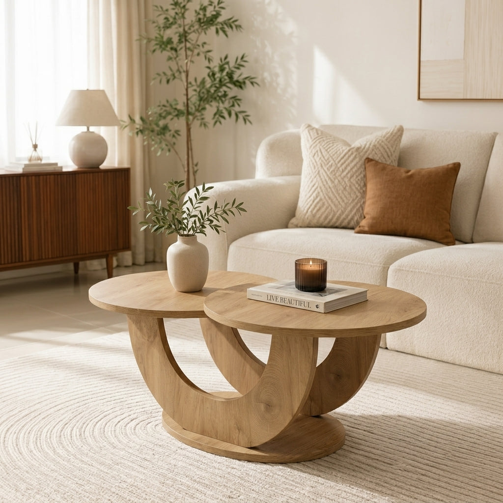 A modern wooden coffee table with a sculptural curved base and two round tops, styled in a bright, neutral-toned living room next to a cream sofa.
