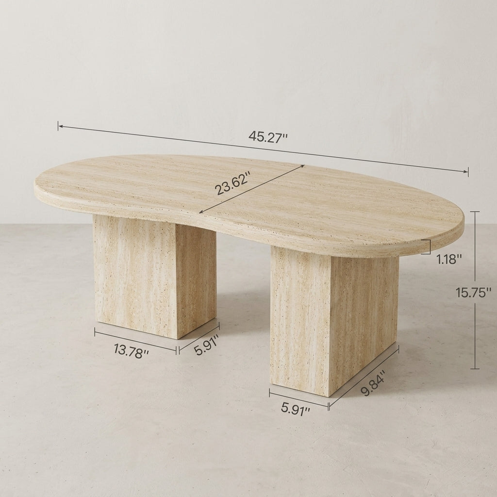 A light beige travertine stone console table with dimension lines and measurements overlaid on a neutral studio background.