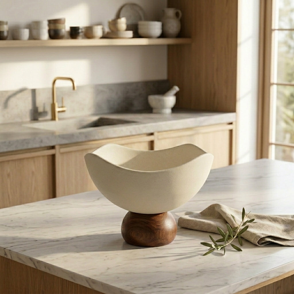 A cream-colored ceramic bowl with a wavy, organic shape sits on a round wooden pedestal base on a marble kitchen island. The background shows a modern kitchen with light wood cabinets, a stone countertop, and open shelves with ceramic dishes.