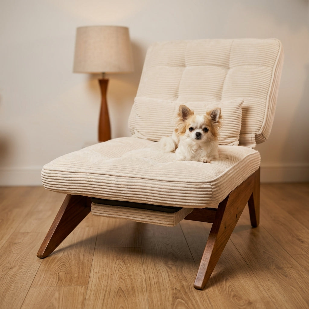 A small dog sits on a cream ribbed lounge chair with a wooden frame in a softly lit room with a floor lamp and wood floor.