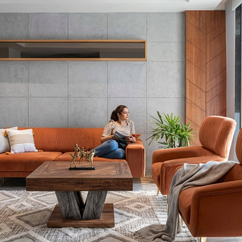 A woman sits on a rust-orange sectional sofa in a modern living room, reading a book. The room features a matching rust-orange armchair, a dark wood coffee table, a gray concrete-look accent wall, and a patterned rug.