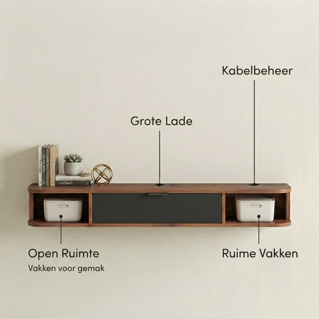A floating wooden shelf console mounted on a light beige wall, with callout labels in Dutch pointing to the cable management, large storage compartment, open storage space, and dust bin compartment. The shelf has a medium brown wood finish, a dark gray center drawer, and white storage bins.