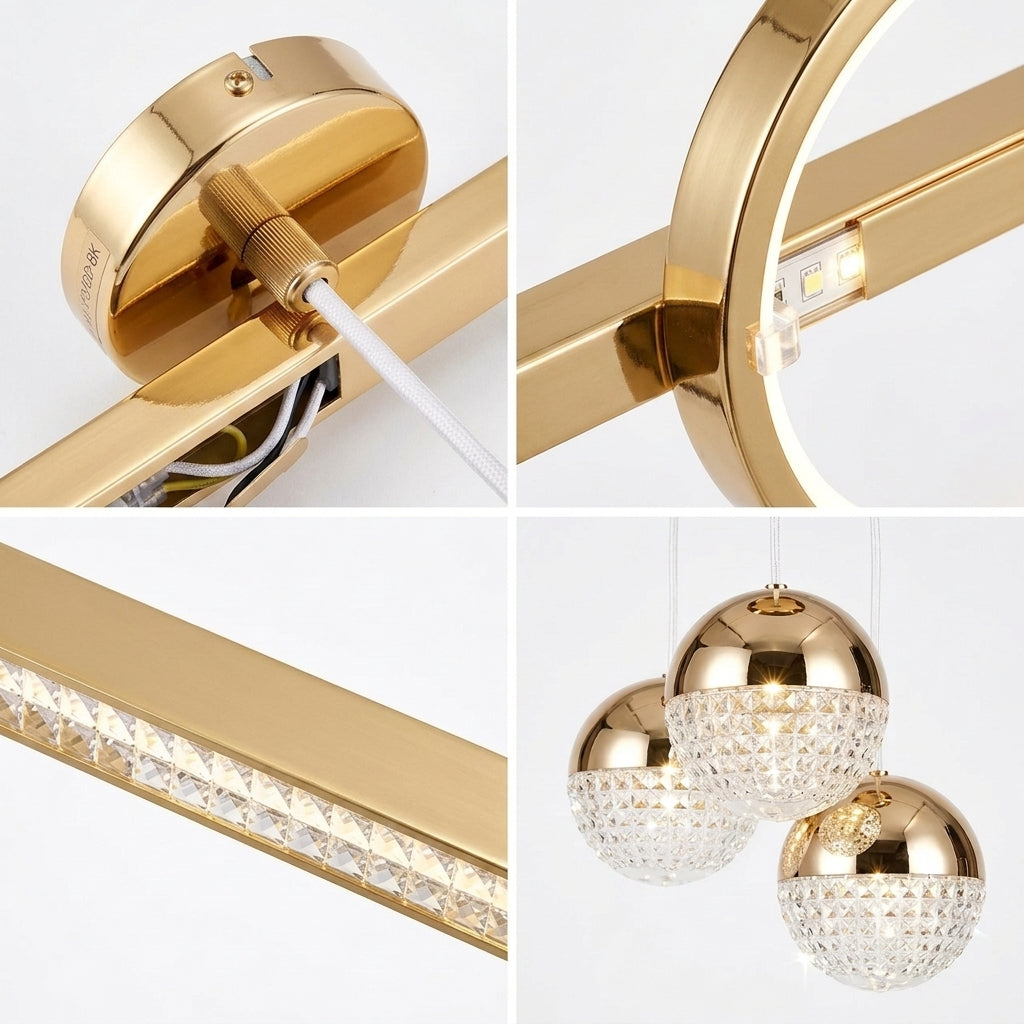 A four-panel collage showing a modern wall light fixture in gold finish with a circular LED ring, a close-up of the backplate and power cord, a detail of the linear crystal LED strip, and a three-light pendant set with gold-finished spheres and clear faceted crystal shades.