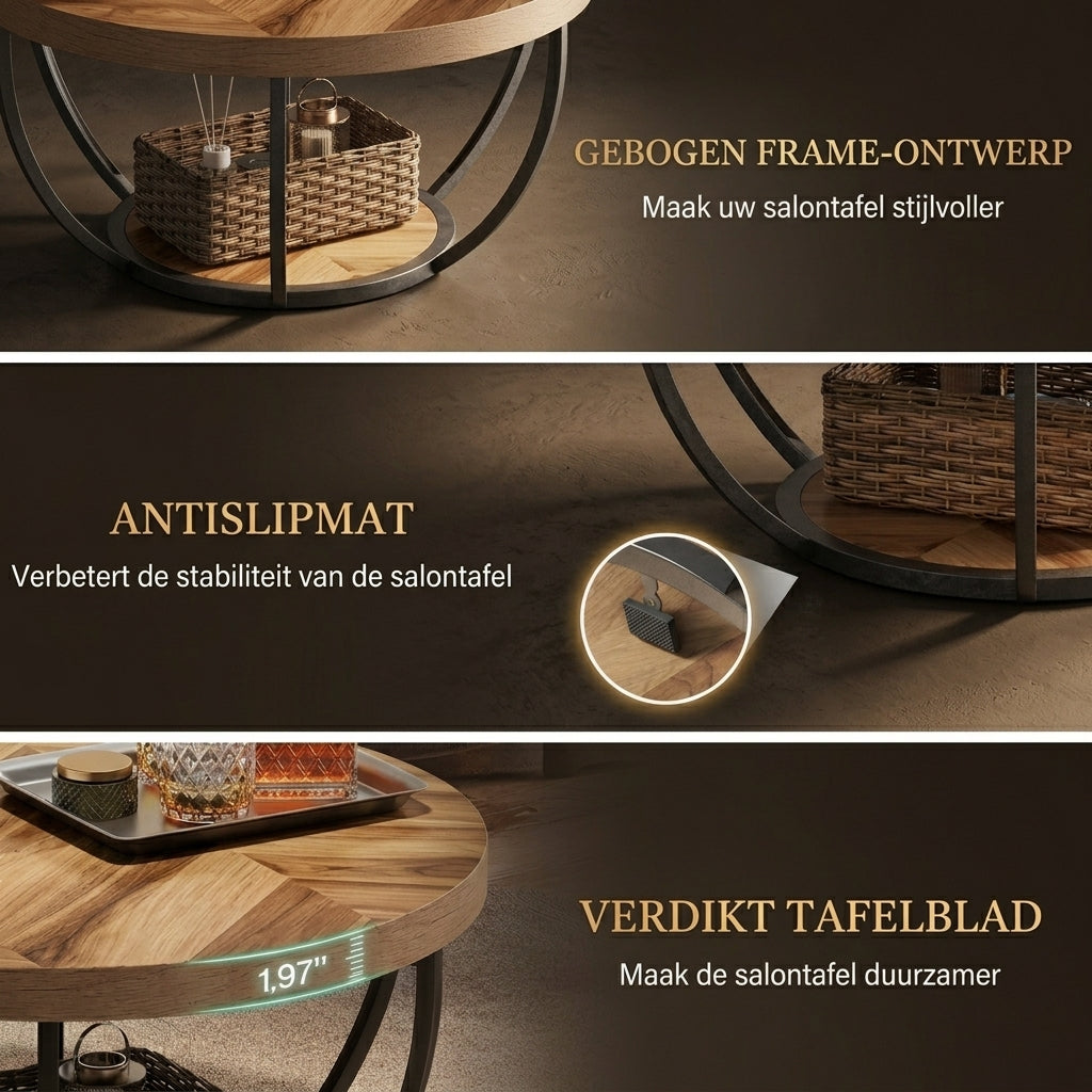 Three-panel promotional graphic for a round wooden dining or accent table with a curved black metal frame and woven basket storage. Dutch text highlights a curved frame design, non-slip mat, and durable tabletop, with close-up detail callouts and a size callout showing 1.