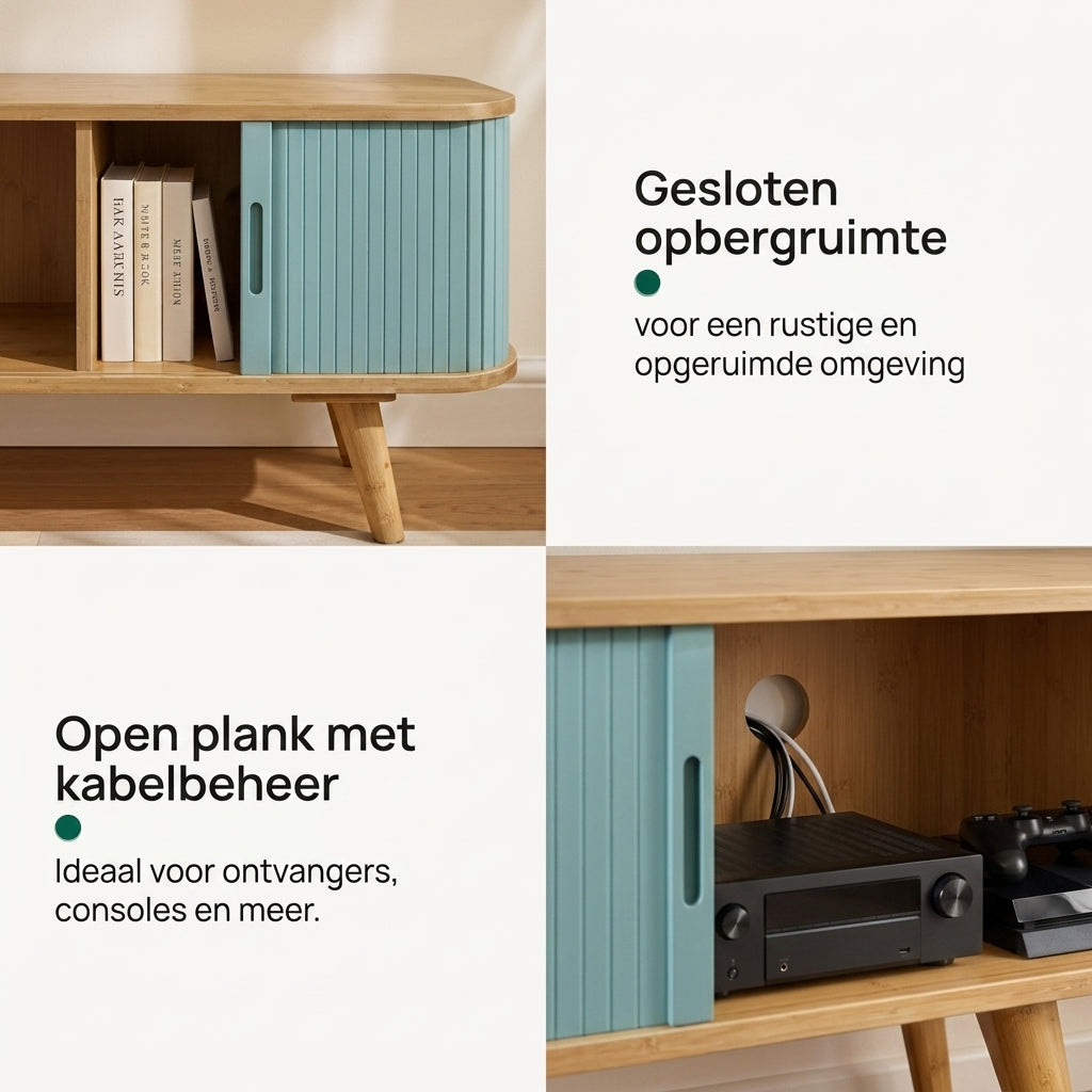 A modern wooden media console with light blue ribbed side cabinets, shown in a two-panel layout with Dutch text highlighting features like the enclosed top space and open wood shelf for cable management.