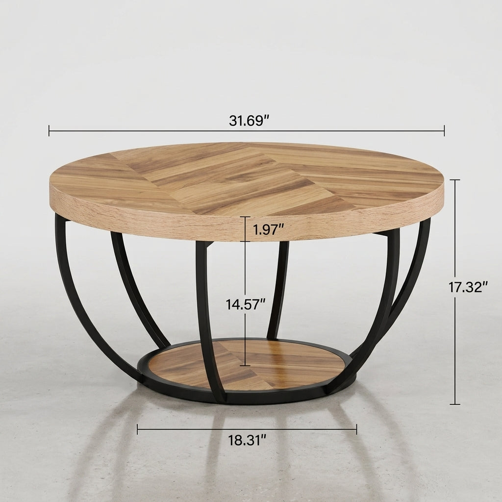 Round wooden coffee table with a black metal cage base and lower shelf, shown with dimension lines and measurements on a light gray studio background.