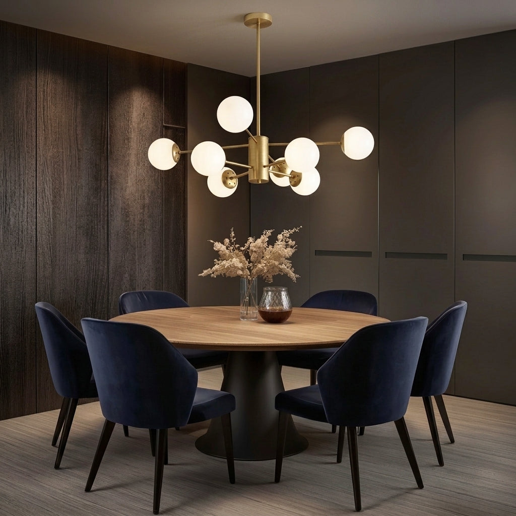 A modern dining room scene featuring a gold multi-light chandelier with spherical white glass shades hanging above a round wooden dining table with six dark blue velvet chairs.