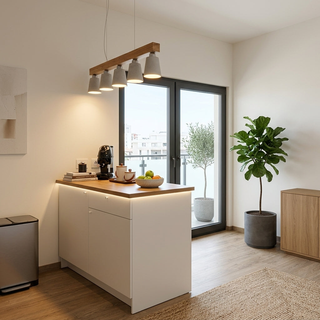 A modern kitchenette island with white cabinets and a light wood countertop, styled in a bright, minimalist apartment interior with a hanging track light, large windows, and a potted plant.