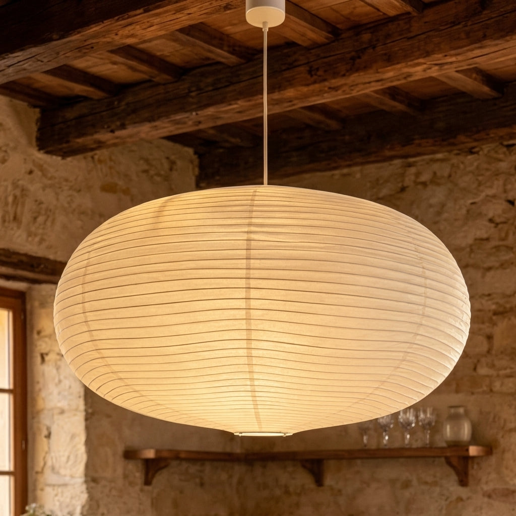 A large, round, ribbed paper lantern-style pendant light glowing with a warm yellow light, hanging from a ceiling in a rustic room with stone walls and wooden beams.
