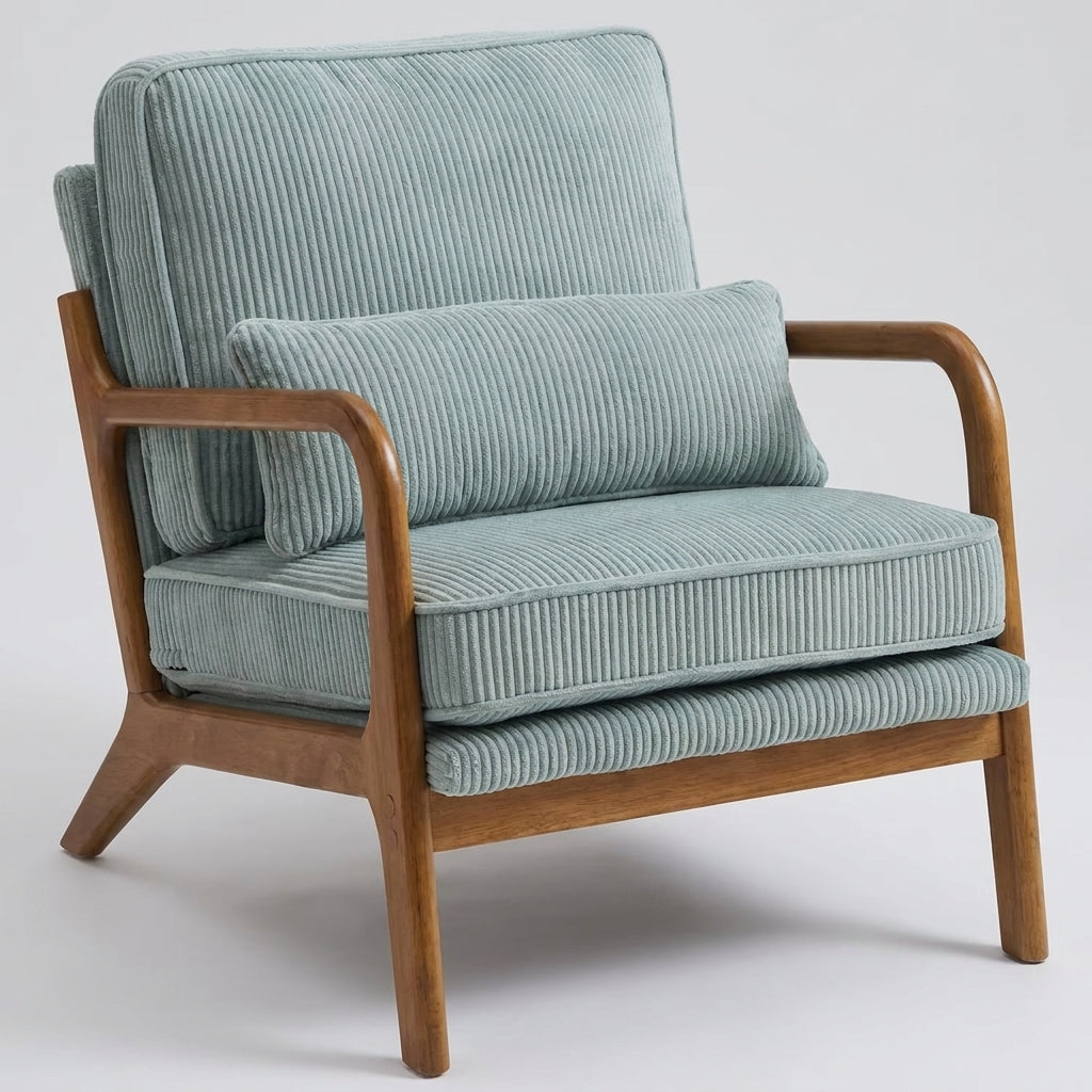 A mid-century modern accent chair featuring a light blue-green ribbed corduroy fabric upholstery and a warm medium-brown wooden frame, shown against a neutral light gray background.