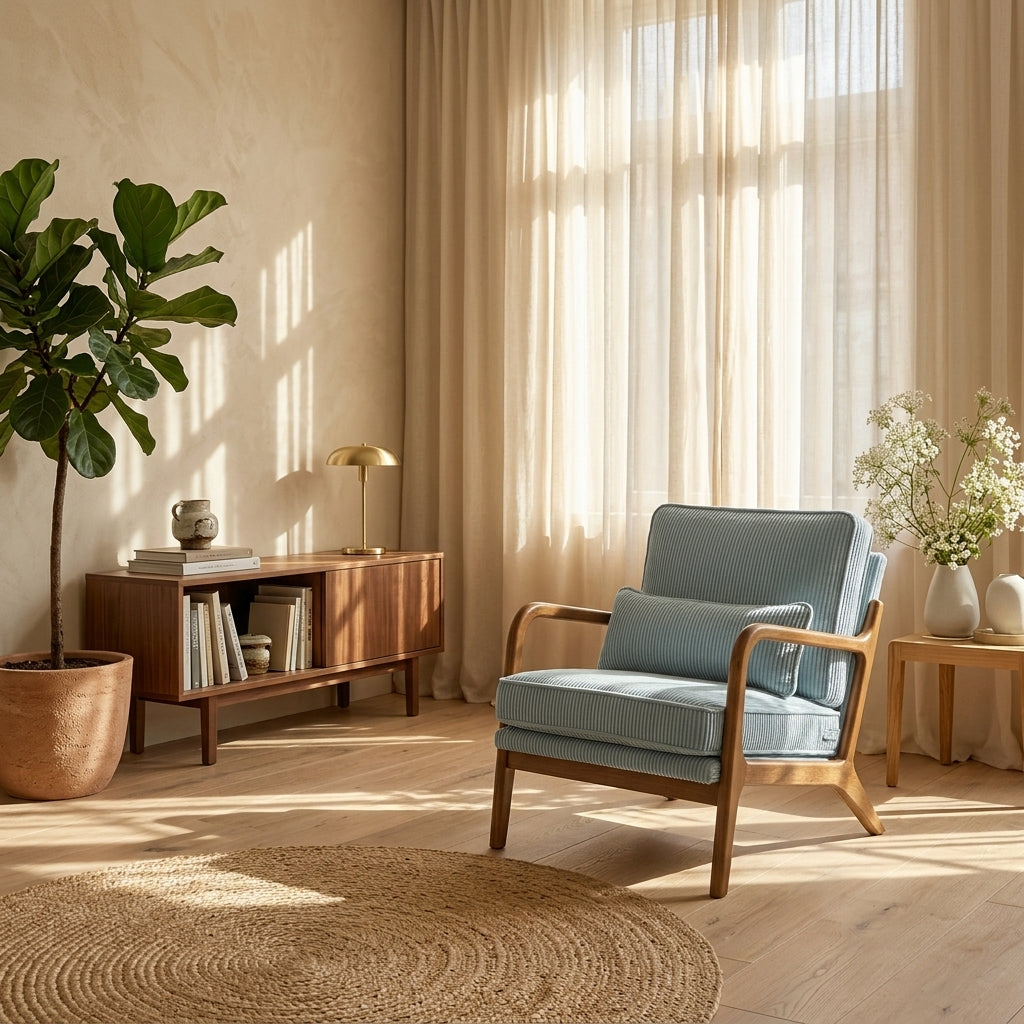 A light blue upholstered armchair with a wooden frame sits in a sunlit living room beside a matching side table, curtains, a potted plant, and a woven rug.