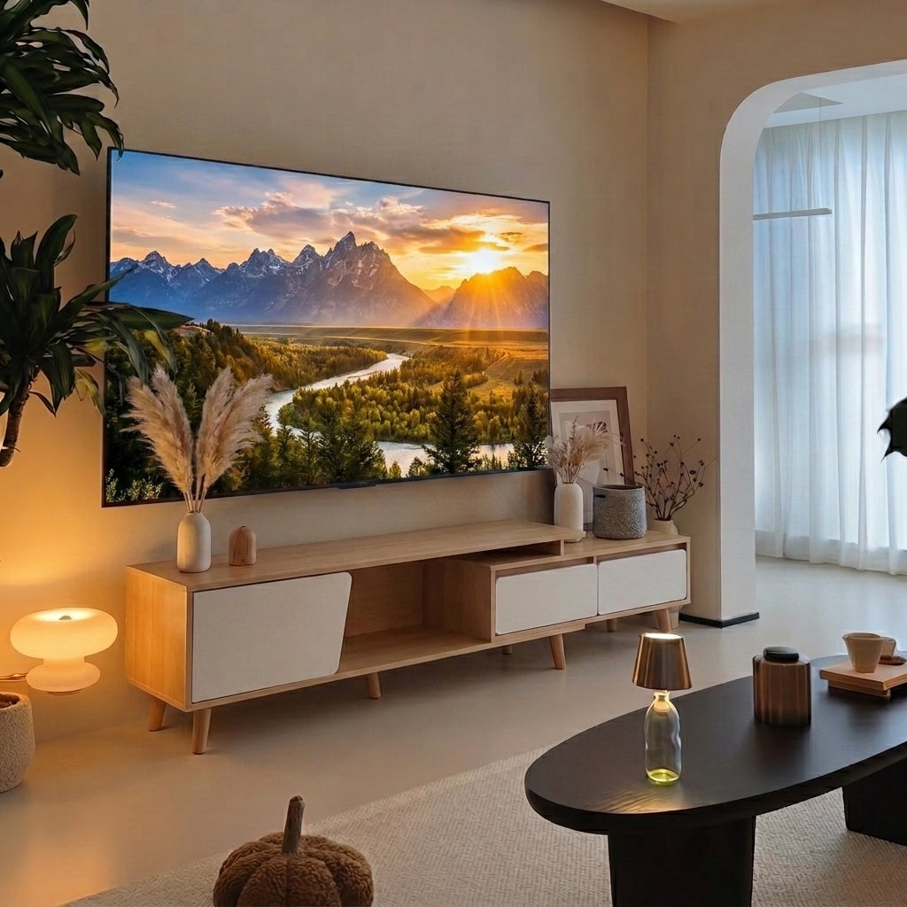 A large wall-mounted flat-screen TV displaying a mountain landscape at sunset, placed above a light wood and white media console in a modern living room with warm ambient lighting.