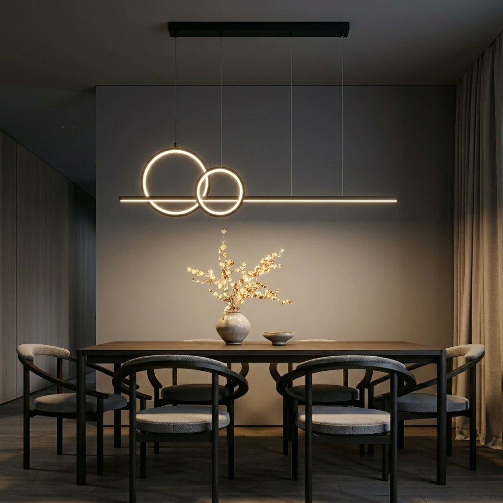 Modern linear LED pendant light with two hanging rings, suspended above a dining table with chairs in a contemporary dining room.