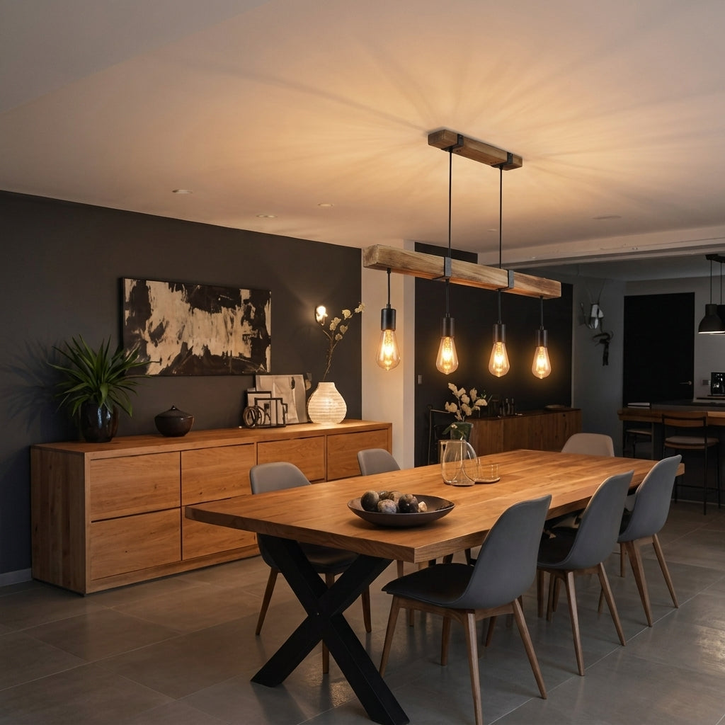 A modern dining room scene featuring a rectangular wooden dining table with gray upholstered chairs and a black X-base, illuminated by a linear pendant light with four exposed Edison bulbs. A matching wooden sideboard with a potted plant and framed art is visible against a dark gray wall.