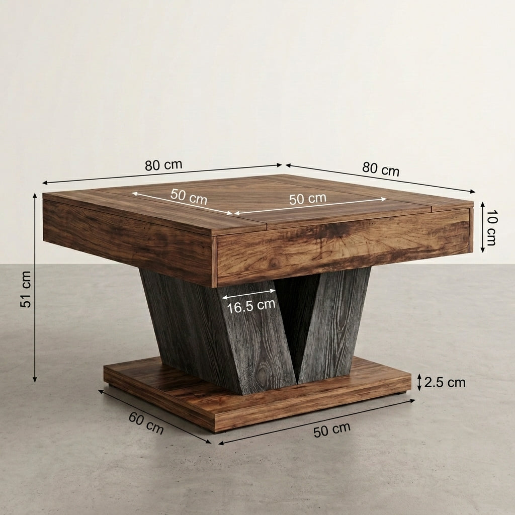 A square wooden side table with a dark brown top and base, and two dark gray weathered central supports, shown with overlaid dimension lines and measurements on a light neutral background.
