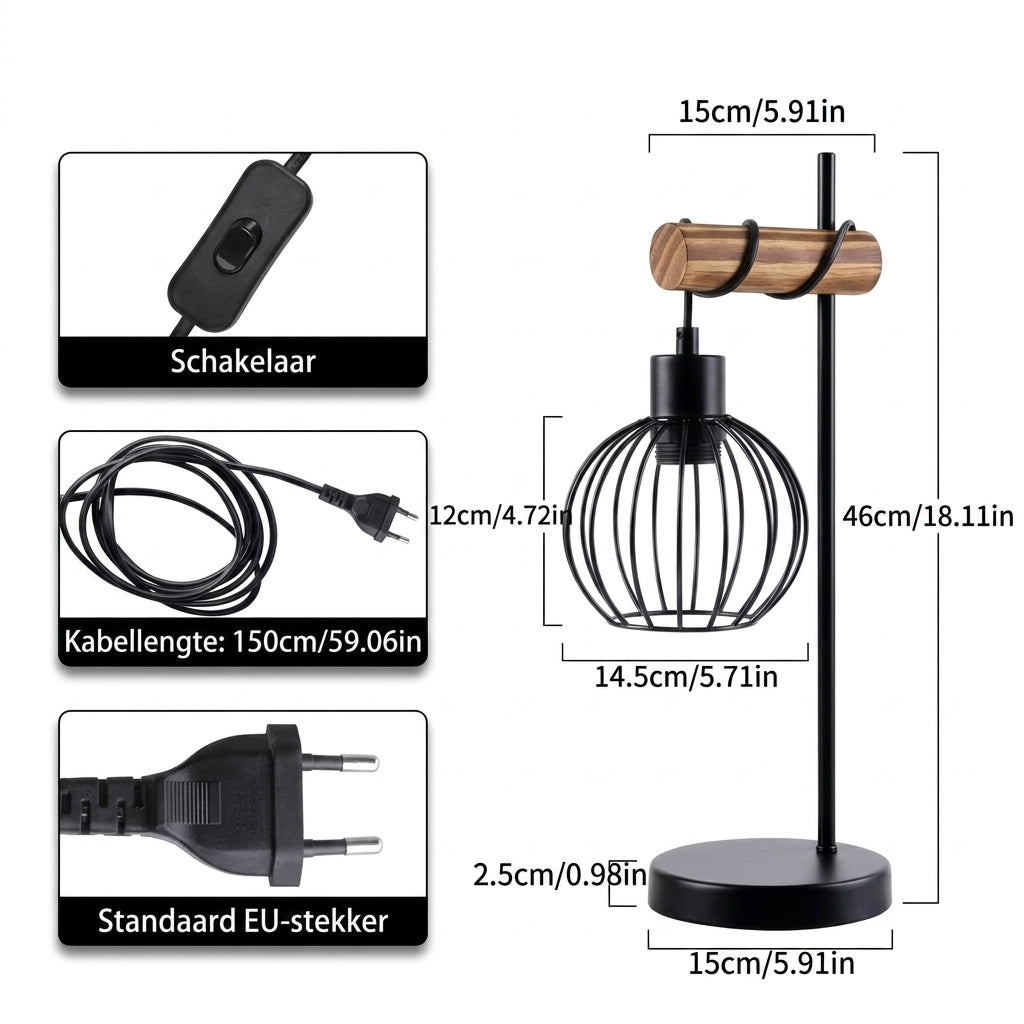 Black metal wire globe table lamp with a round base, wooden accent on the stem, and black power switch, shown with dimension labels and inset details of the cord, plug, and switch on a white background.