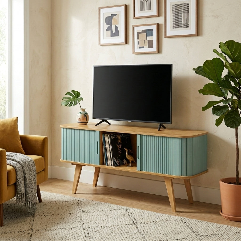 A mid-century modern TV stand console with ribbed mint green doors and a light wood frame, styled in a living room with a television, plants, and an armchair.