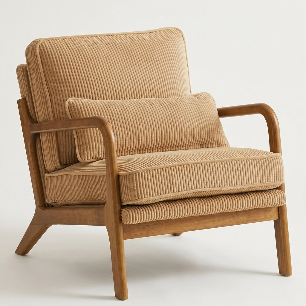 A mid-century modern accent chair upholstered in a warm tan corduroy fabric with a medium brown wooden frame, shown against a plain light gray studio background.