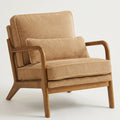A mid-century modern accent chair upholstered in a warm tan corduroy fabric with a medium brown wooden frame, shown against a plain light gray studio background.