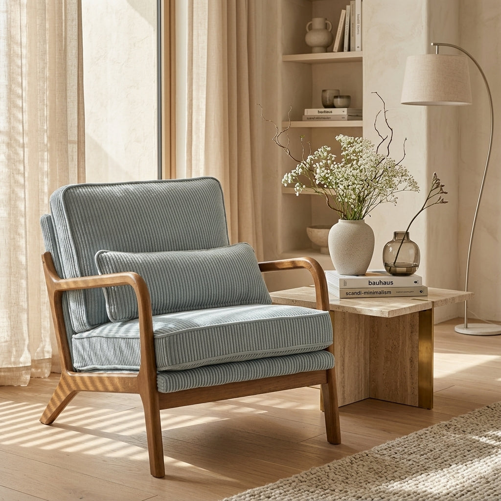 A mid-century modern armchair with light blue-gray striped upholstery and a natural wood frame, styled in a warm, sunlit room next to a marble-topped side table with a vase of flowers.