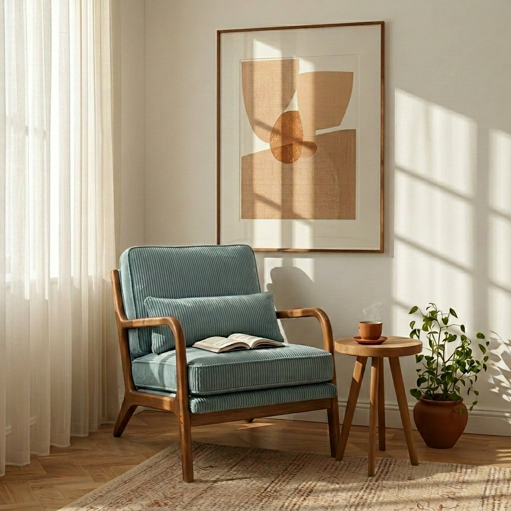 A mid-century modern armchair with a ribbed teal-blue fabric and wooden frame, styled in a sunlit room with a matching pillow, a small wooden side table, a potted plant, and a framed abstract print on the wall.